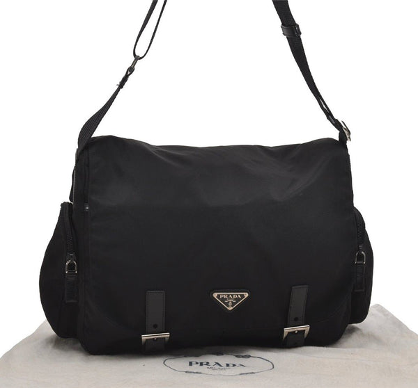 Authentic PRADA Nylon Tessuto Leather Shoulder Cross Body Bag Black 2848J
