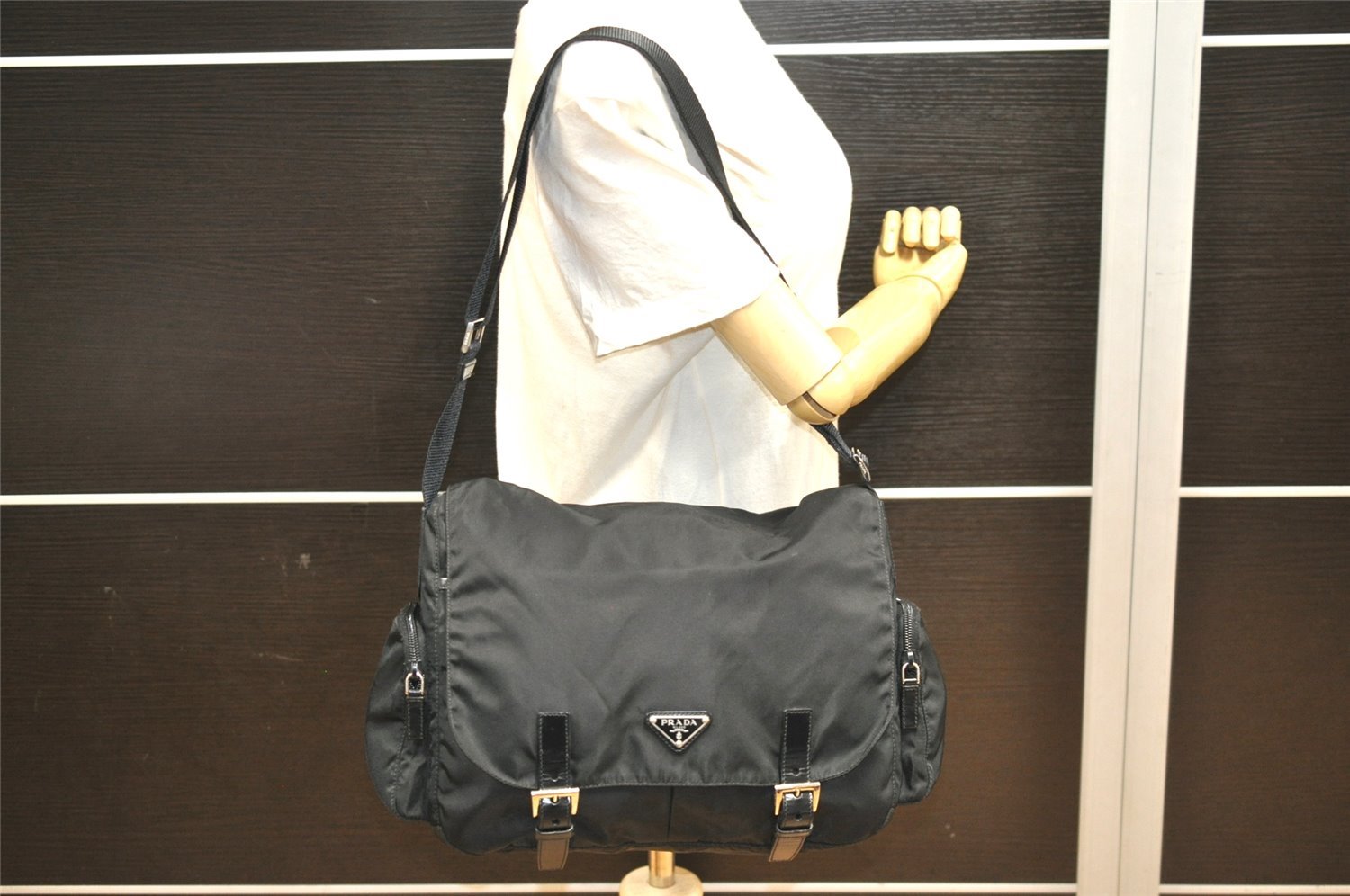 Authentic PRADA Nylon Tessuto Leather Shoulder Cross Body Bag Black 2848J