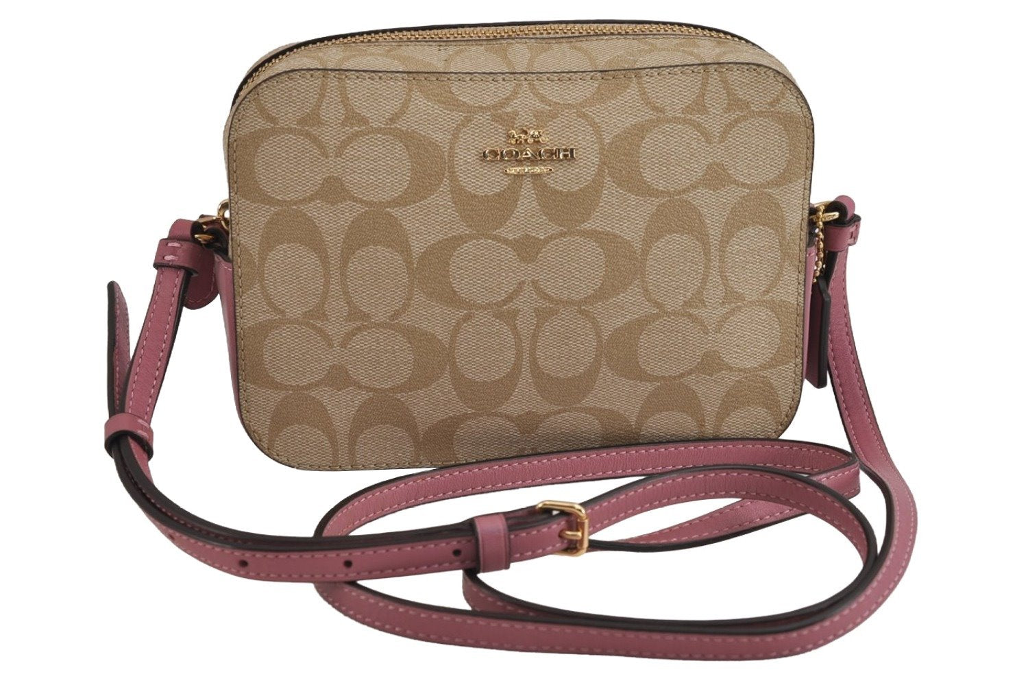 Authentic COACH Signature Shoulder Cross Body Bag PVC Leather Beige Pink 2856J