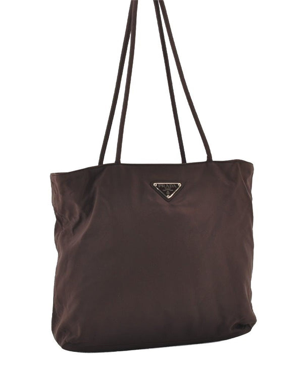 Authentic PRADA Vintage Nylon Tessuto Leather Shoulder Tote Bag Brown 2857J