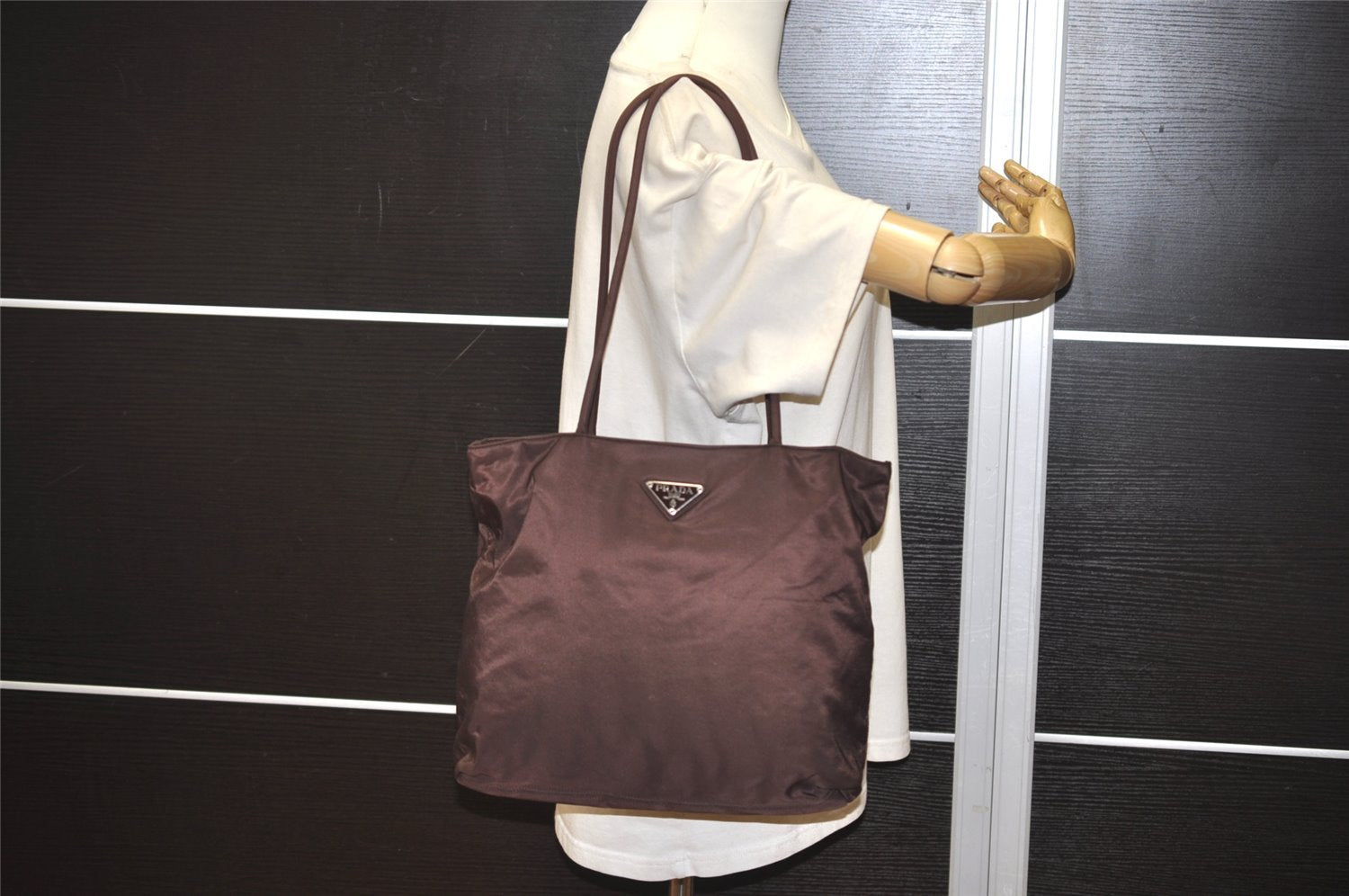 Authentic PRADA Vintage Nylon Tessuto Leather Shoulder Tote Bag Brown 2857J