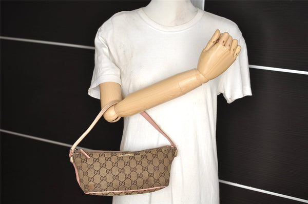 Authentic GUCCI Sherry Line Hand Bag Pouch GG Canvas Leather 141809 Brown 2862I