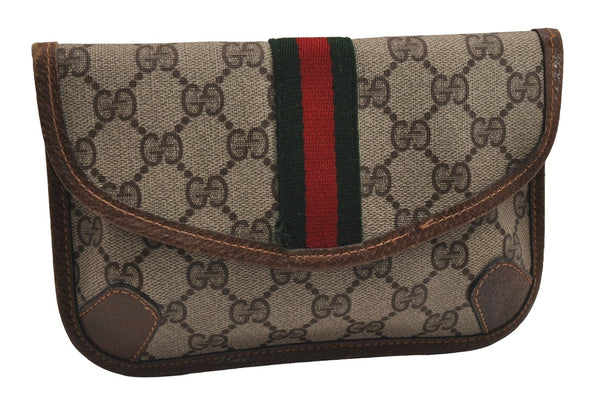 Authentic GUCCI Vintage Web Sherry Line Pouch Purse GG PVC Leather Brown 2862J