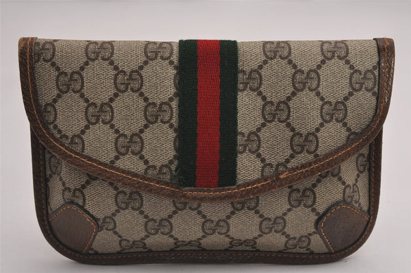 Authentic GUCCI Vintage Web Sherry Line Pouch Purse GG PVC Leather Brown 2862J