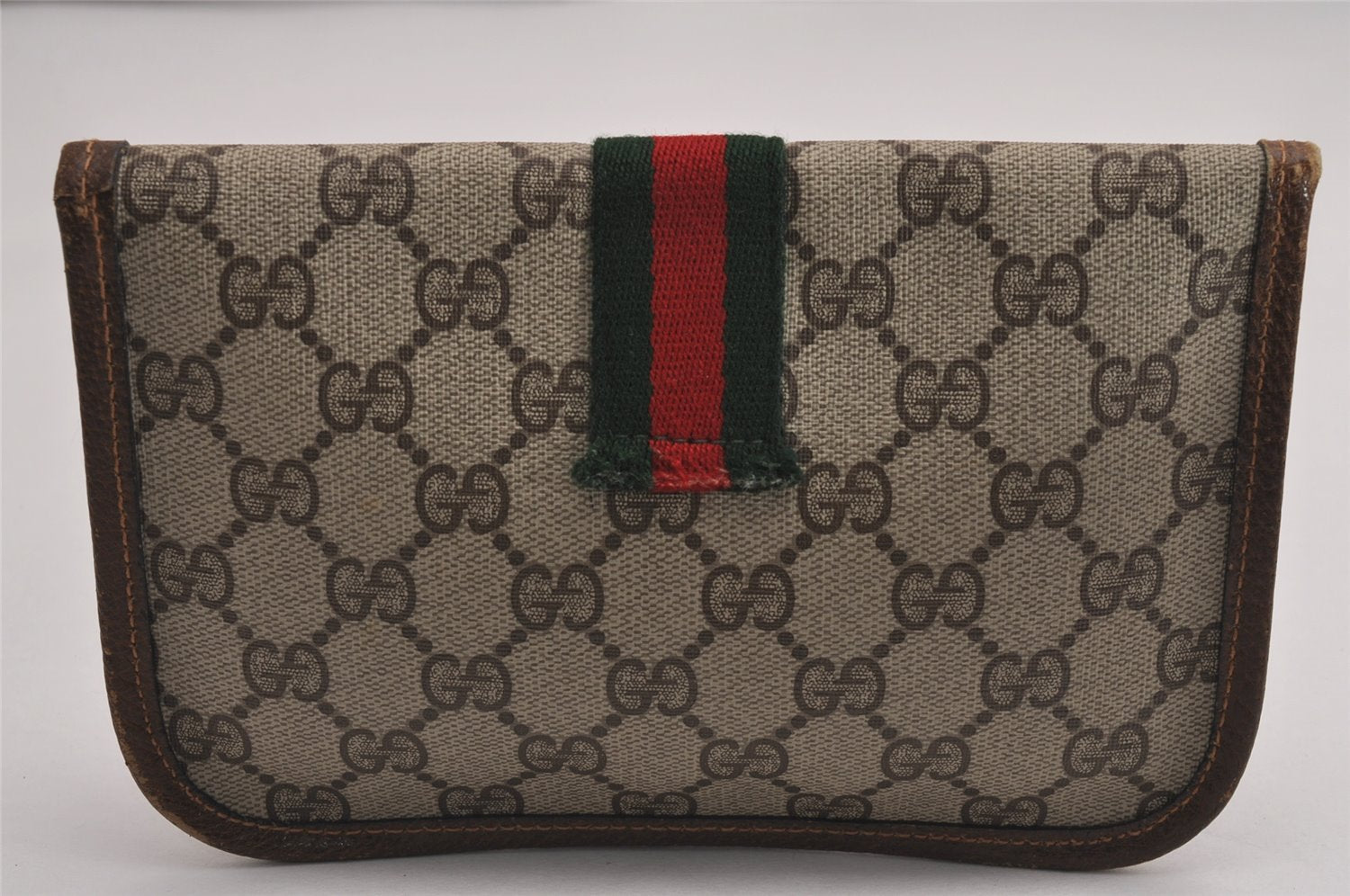 Authentic GUCCI Vintage Web Sherry Line Pouch Purse GG PVC Leather Brown 2862J