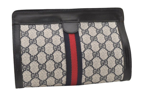 Authentic GUCCI Sherry Line Clutch Hand Bag Purse GG PVC Leather Navy Blue 2863J