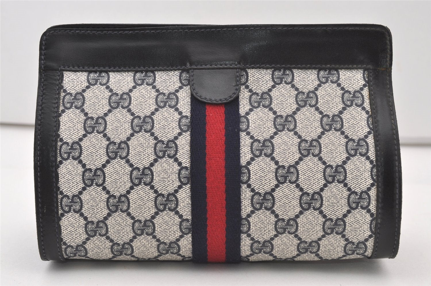 Authentic GUCCI Sherry Line Clutch Hand Bag Purse GG PVC Leather Navy Blue 2863J