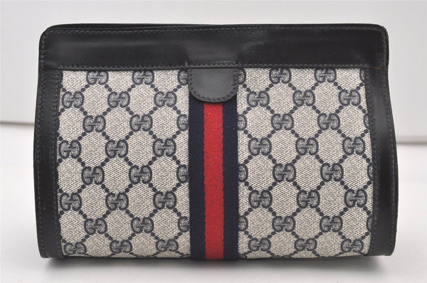 Authentic GUCCI Sherry Line Clutch Hand Bag Purse GG PVC Leather Navy Blue 2863J