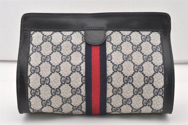 Authentic GUCCI Sherry Line Clutch Hand Bag Purse GG PVC Leather Navy Blue 2863J