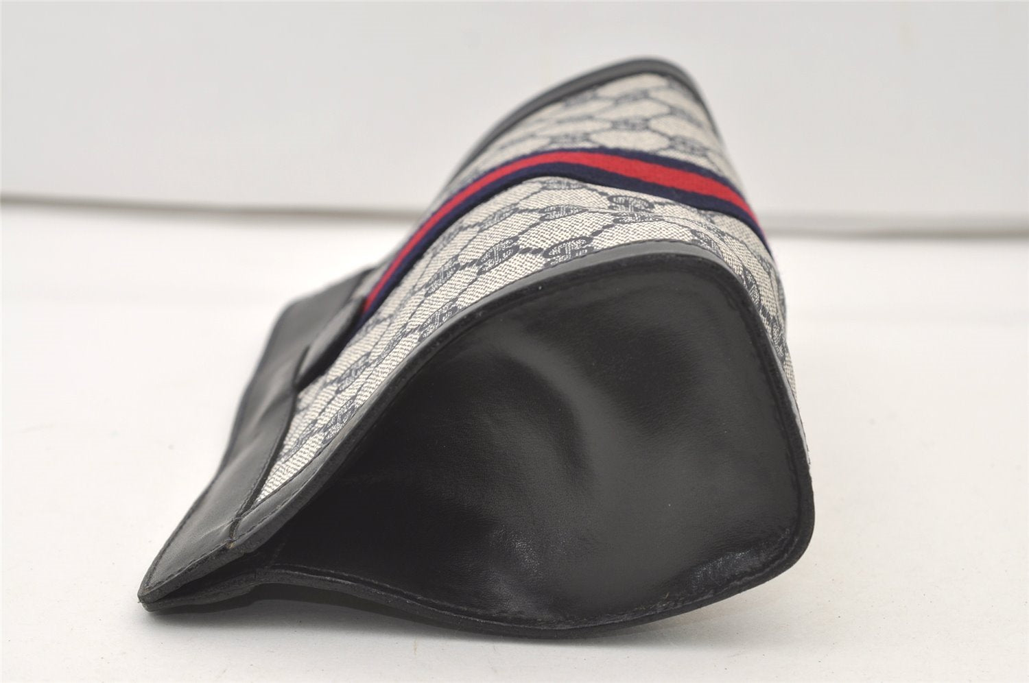 Authentic GUCCI Sherry Line Clutch Hand Bag Purse GG PVC Leather Navy Blue 2863J