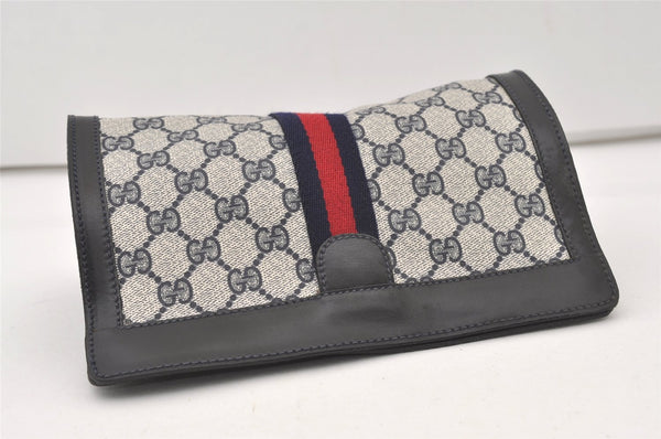 Authentic GUCCI Sherry Line Clutch Hand Bag Purse GG PVC Leather Navy Blue 2863J