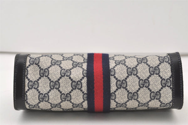 Authentic GUCCI Sherry Line Clutch Hand Bag Purse GG PVC Leather Navy Blue 2863J