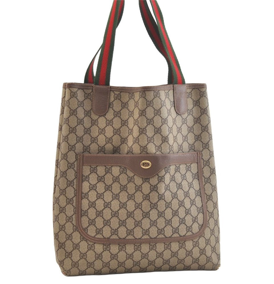 Authentic GUCCI Web Sherry Line Shoulder Tote Bag GG PVC Leather Brown 2863K