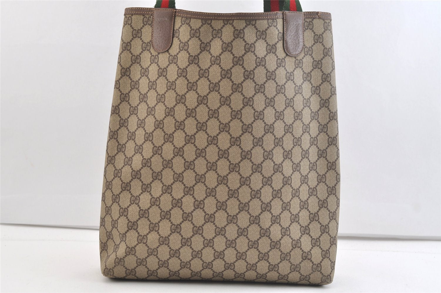 Authentic GUCCI Web Sherry Line Shoulder Tote Bag GG PVC Leather Brown 2863K