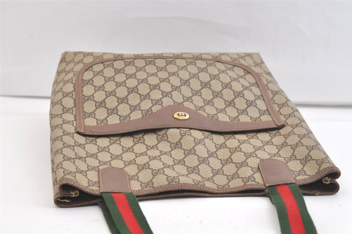 Authentic GUCCI Web Sherry Line Shoulder Tote Bag GG PVC Leather Brown 2863K