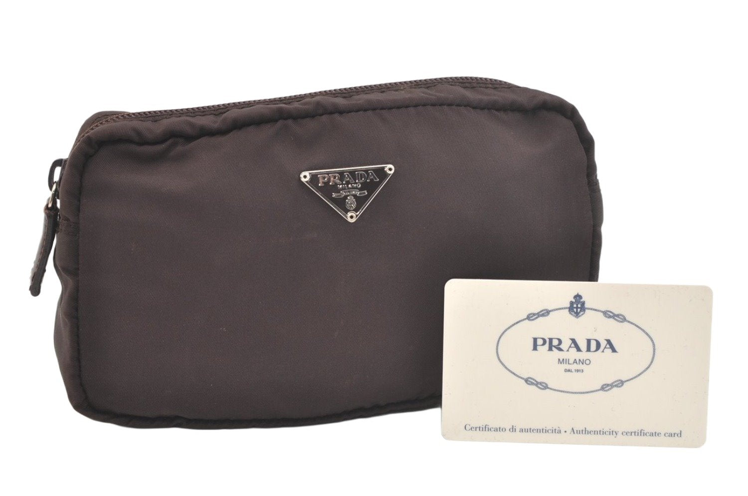 Authentic PRADA VELA Vintage Nylon Tessuto Leather Pouch Purse MV21 Brown 2871K