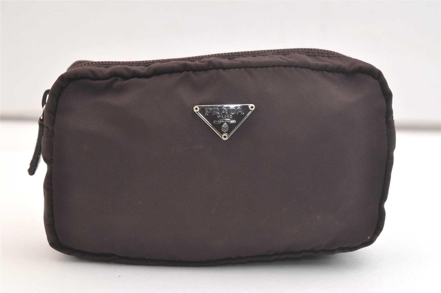 Authentic PRADA VELA Vintage Nylon Tessuto Leather Pouch Purse MV21 Brown 2871K