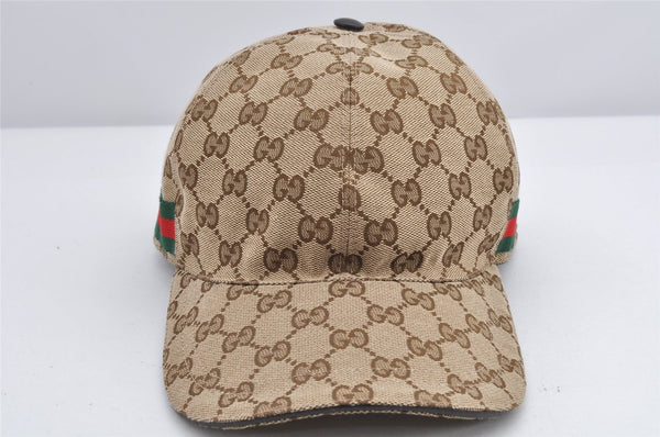 Authentic GUCCI Web Sherry Line Cap GG Canvas Leather Size M Brown 2873K