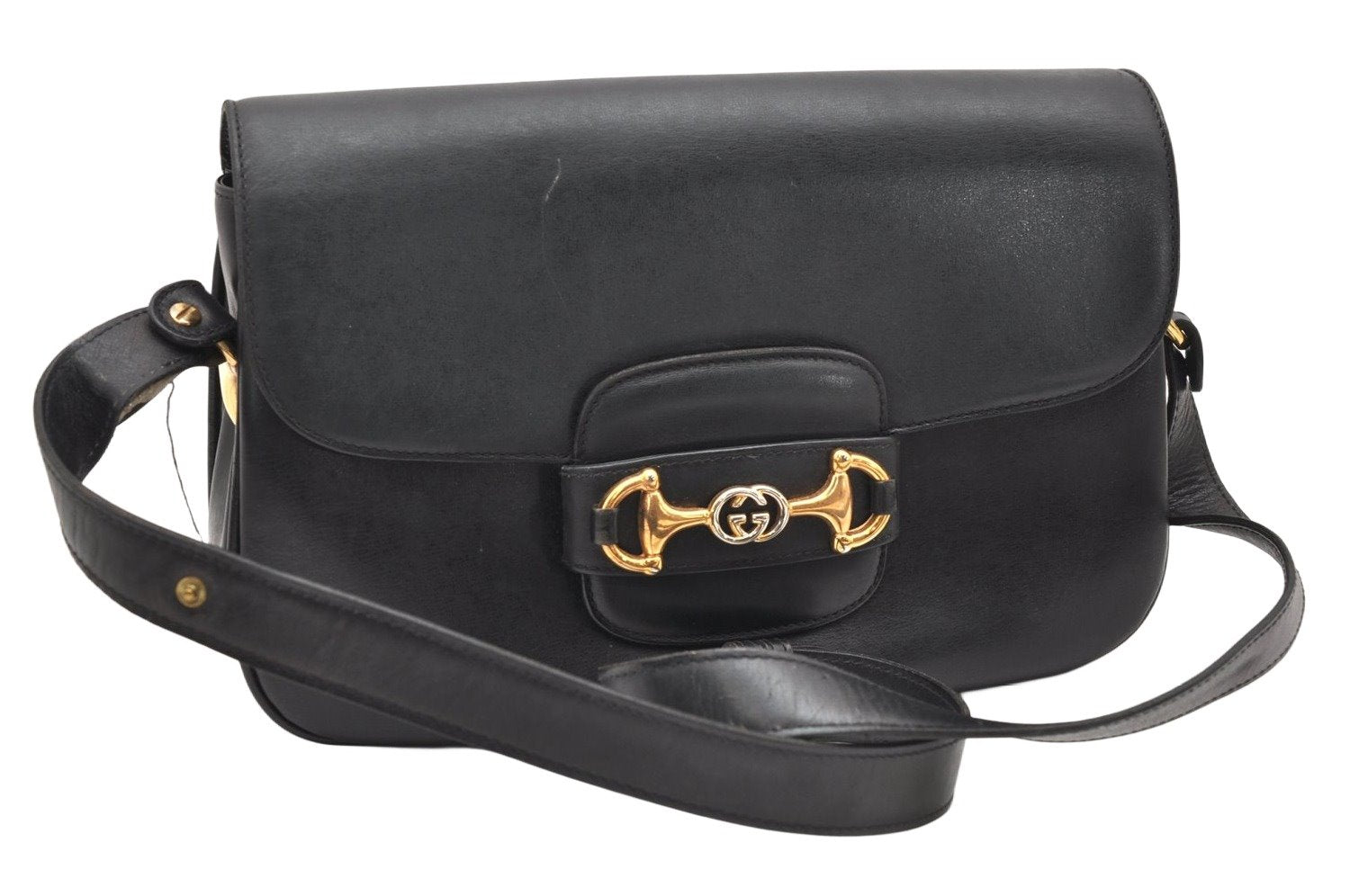 Authentic GUCCI Horsebit Shoulder Cross Body Bag Purse Leather Black 2882K
