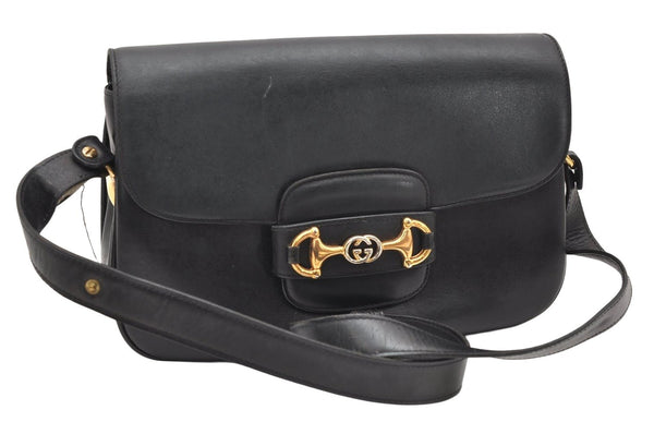 Authentic GUCCI Horsebit Shoulder Cross Body Bag Purse Leather Black 2882K