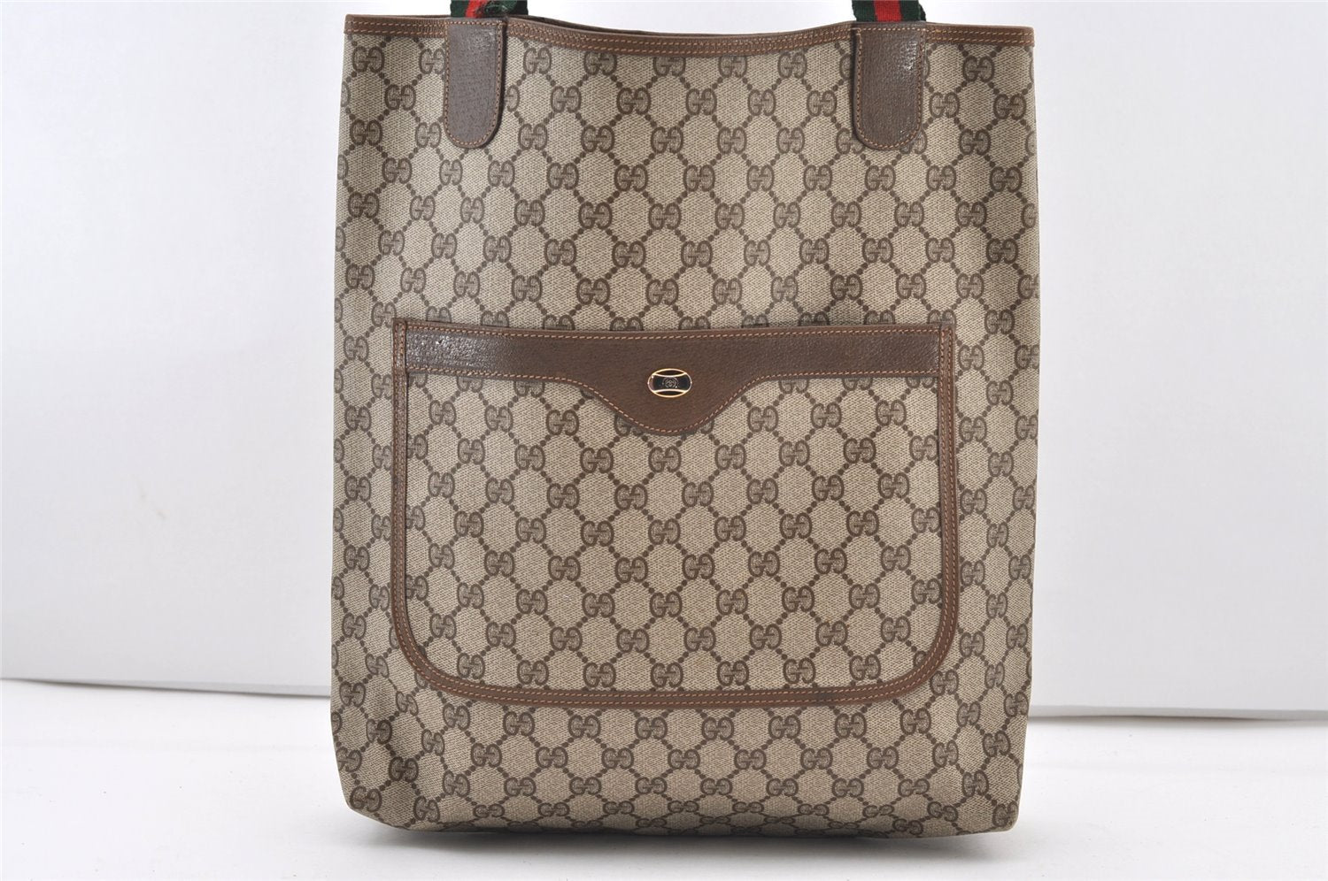 Authentic GUCCI Web Sherry Line Shoulder Tote Bag GG PVC Leather Brown 2884J