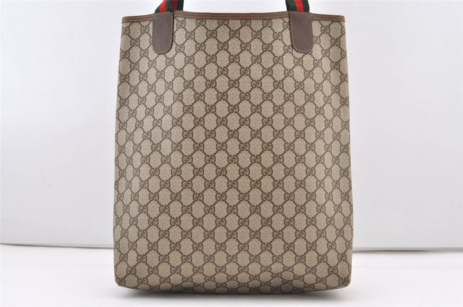 Authentic GUCCI Web Sherry Line Shoulder Tote Bag GG PVC Leather Brown 2884J