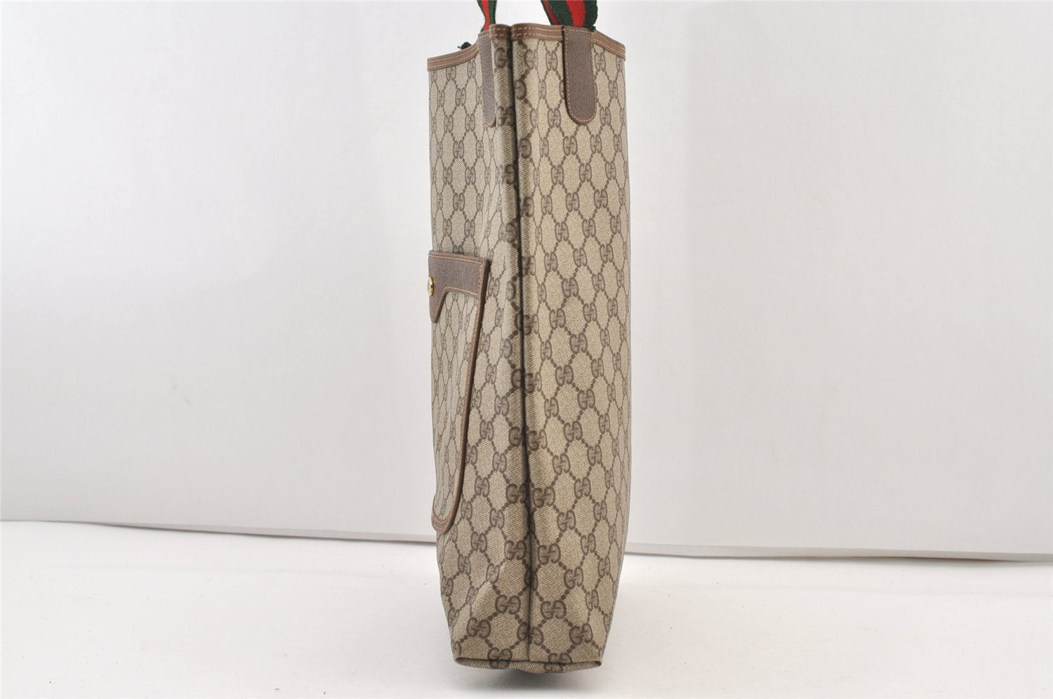 Authentic GUCCI Web Sherry Line Shoulder Tote Bag GG PVC Leather Brown 2884J