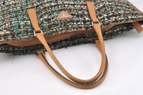 Authentic PRADA Tweed Leather Tote Hand Bag Green Brown 2890K