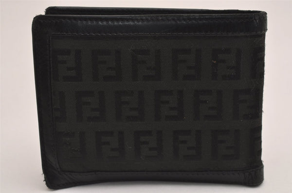 Authentic FENDI Zucchino Bifold Wallet Purse Canvas Leather Black Box 2893J