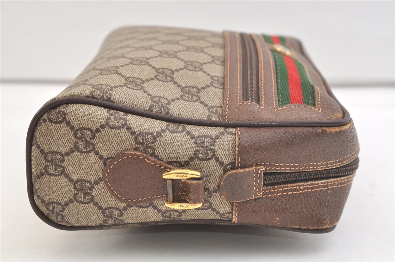 Authentic GUCCI Web Sherry Line Shoulder Bag GG PVC Leather Brown Junk 2893K