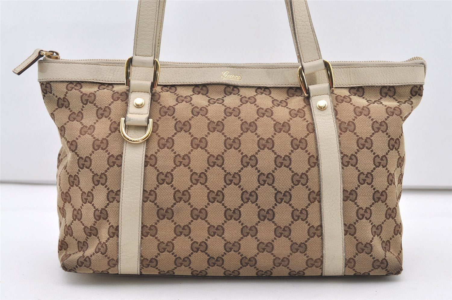 Authentic GUCCI Abbey Shoulder Tote Bag GG Canvas Leather 141470 Brown 2896J