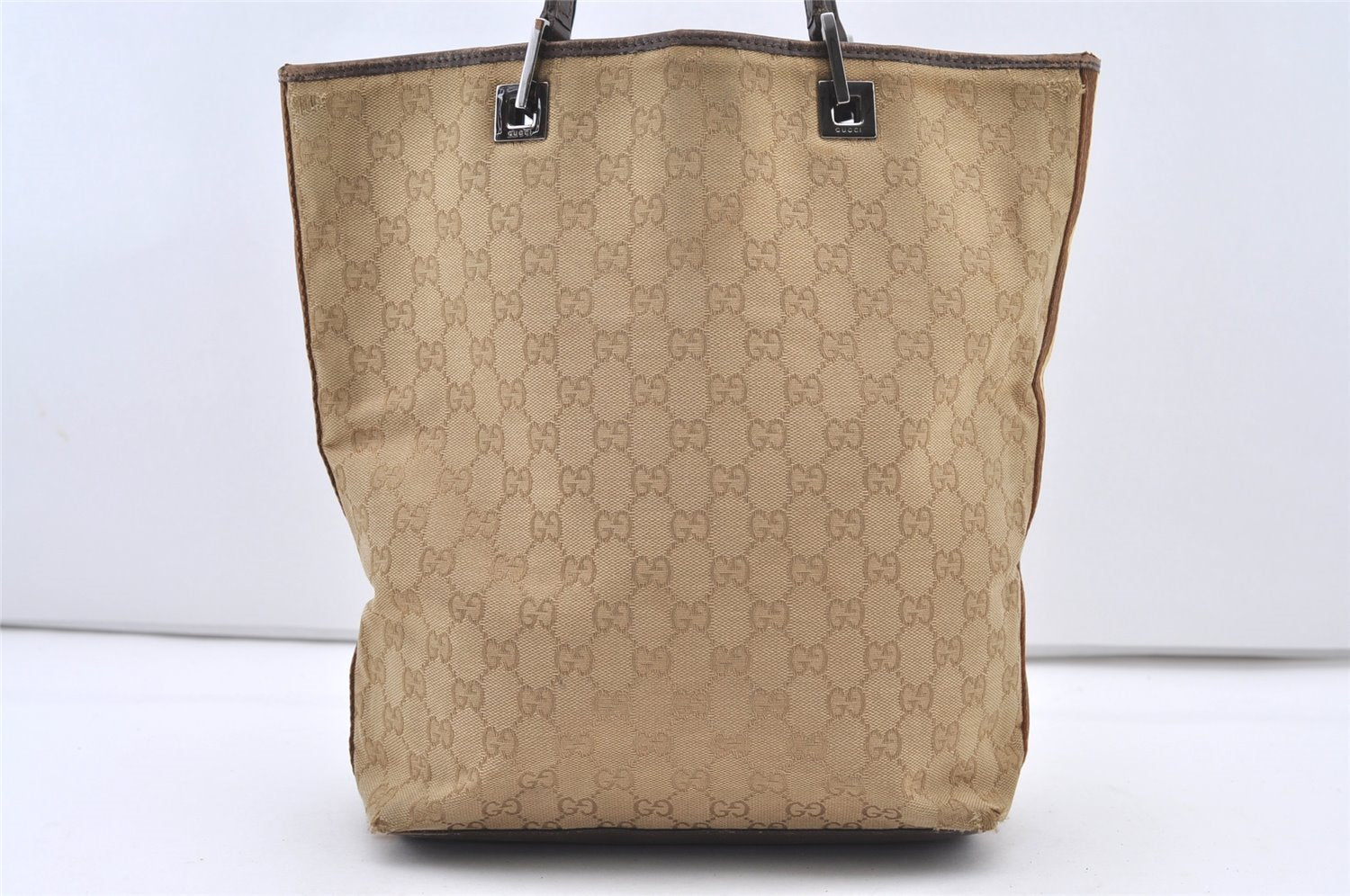 Authentic GUCCI Sherry Line Tote Bag GG Canvas Leather 31243 Beige 2902J