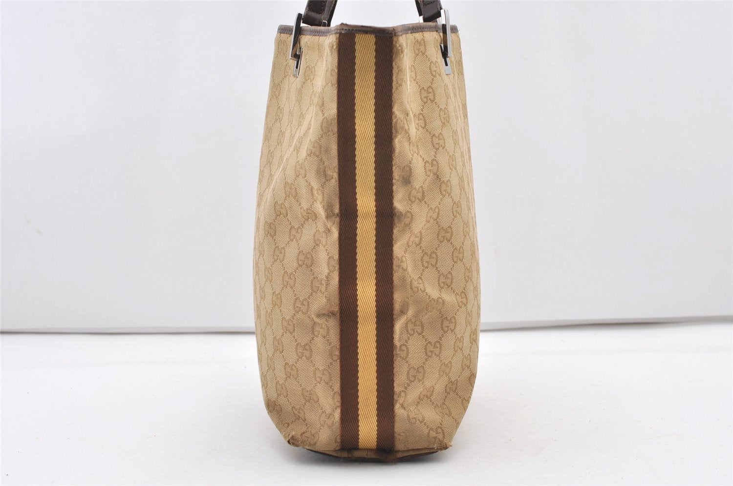 Authentic GUCCI Sherry Line Tote Bag GG Canvas Leather 31243 Beige 2902J