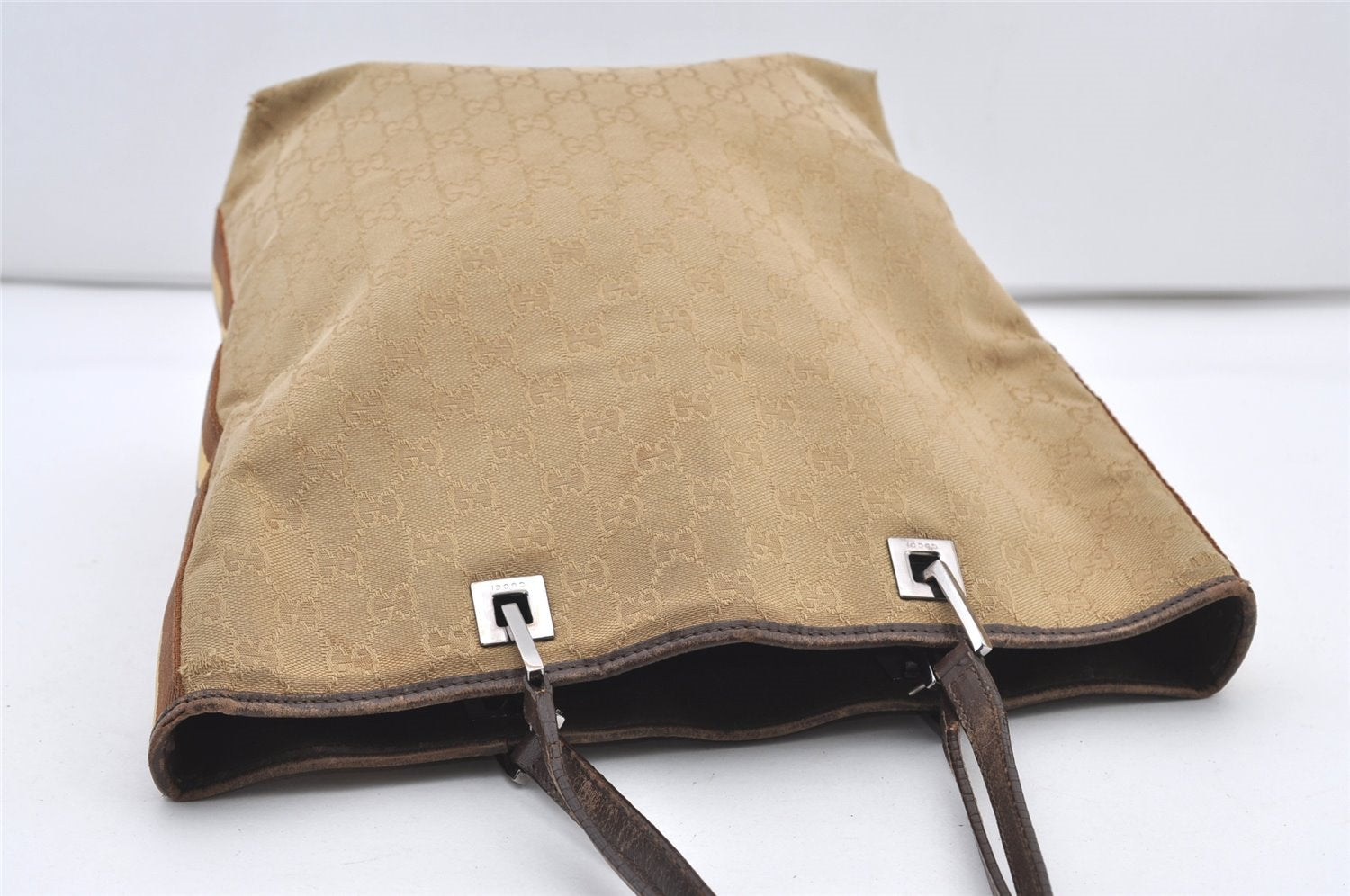 Authentic GUCCI Sherry Line Tote Bag GG Canvas Leather 31243 Beige 2902J