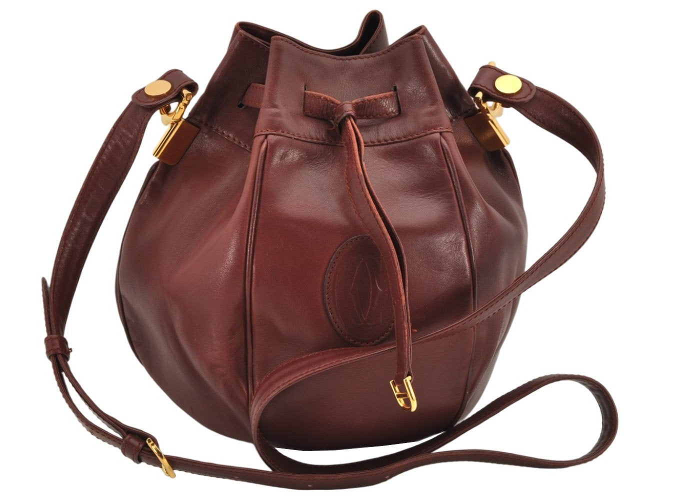 Authentic Cartier Must de Cartier Leather Shoulder Drawstring Bag Bordeaux 2902K