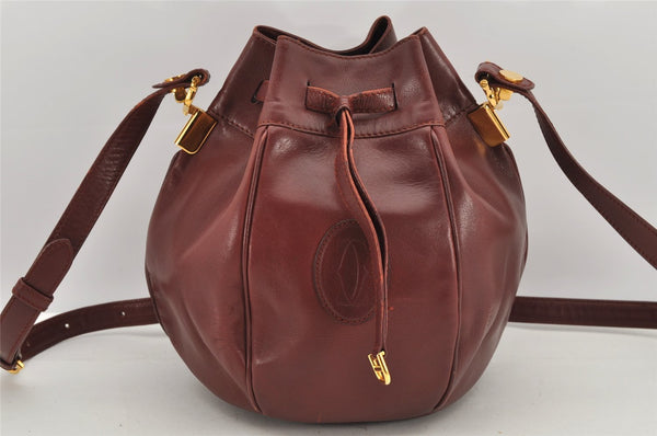 Authentic Cartier Must de Cartier Leather Shoulder Drawstring Bag Bordeaux 2902K