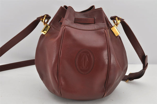 Authentic Cartier Must de Cartier Leather Shoulder Drawstring Bag Bordeaux 2902K