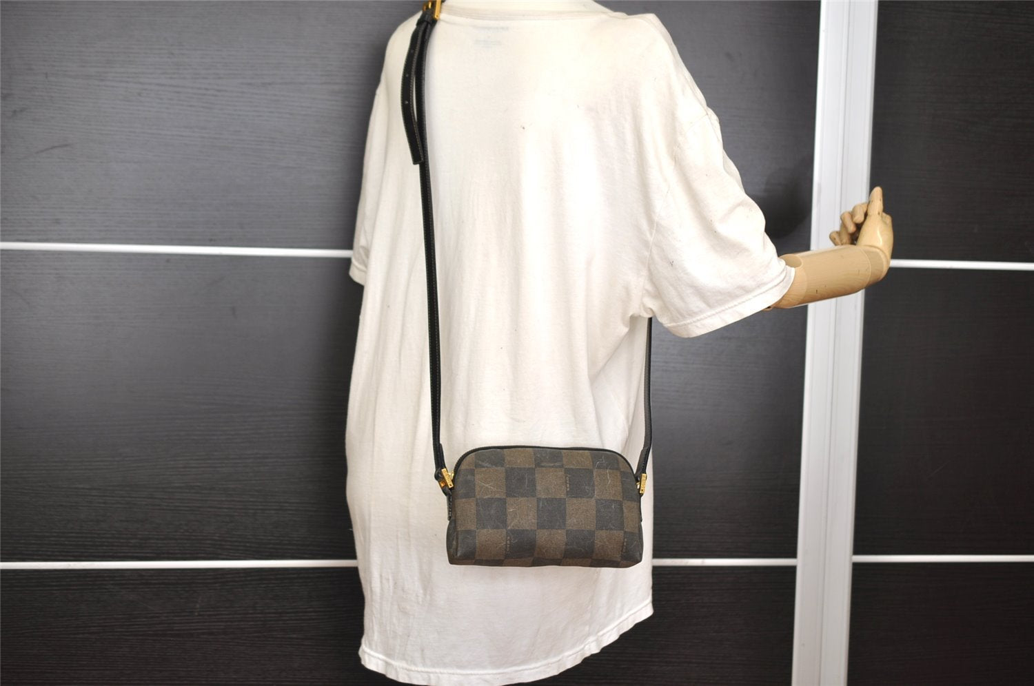 Authentic FENDI Pequin Check Shoulder Cross Bag PVC Leather Brown Black 2905I