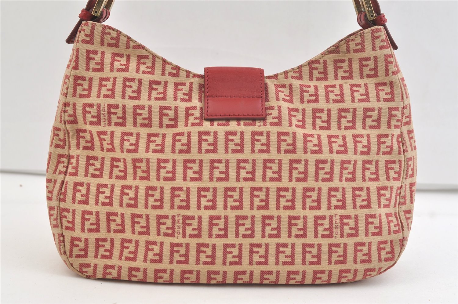 Authentic FENDI Zucchino Shoulder Hand Bag Purse Canvas Leather Red 2910K