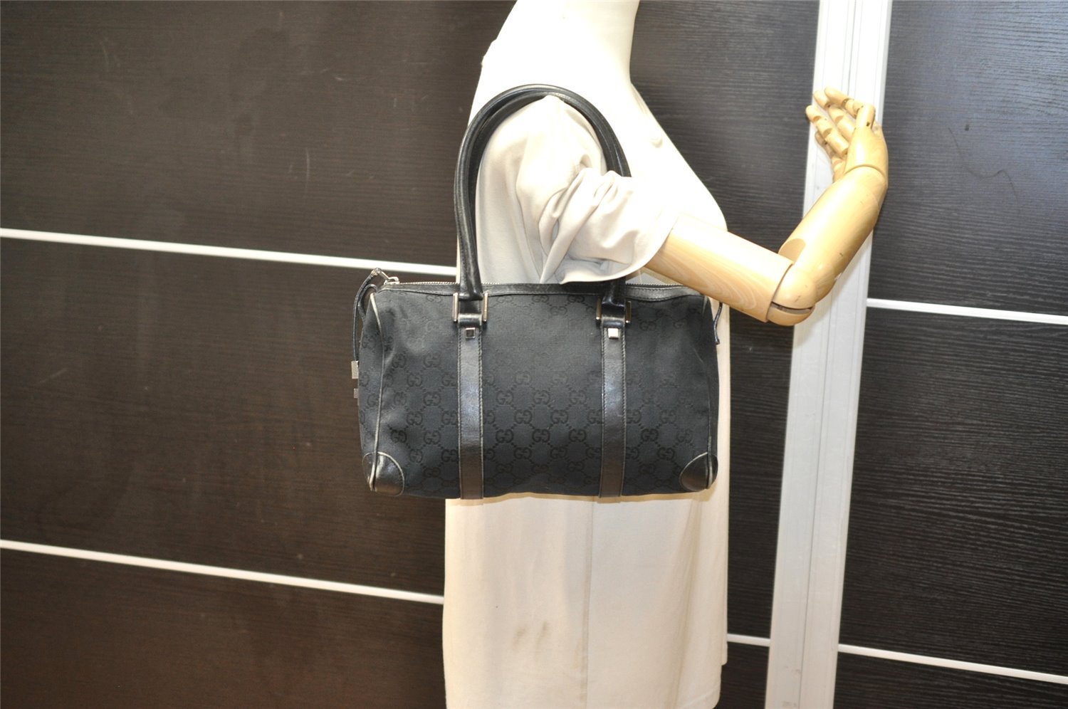 Authentic GUCCI Vintage Hand Boston Bag GG Canvas Leather 0000851 Black 2913K