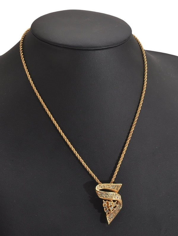 Authentic Christian Dior Gold Tone Chain Rhinestone Pendant Necklace CD 2923J