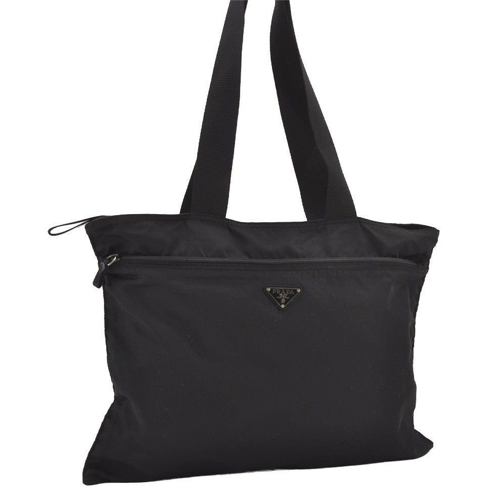 Authentic PRADA Vintage Nylon Tessuto Leather Shoulder Tote Bag Black 2926J