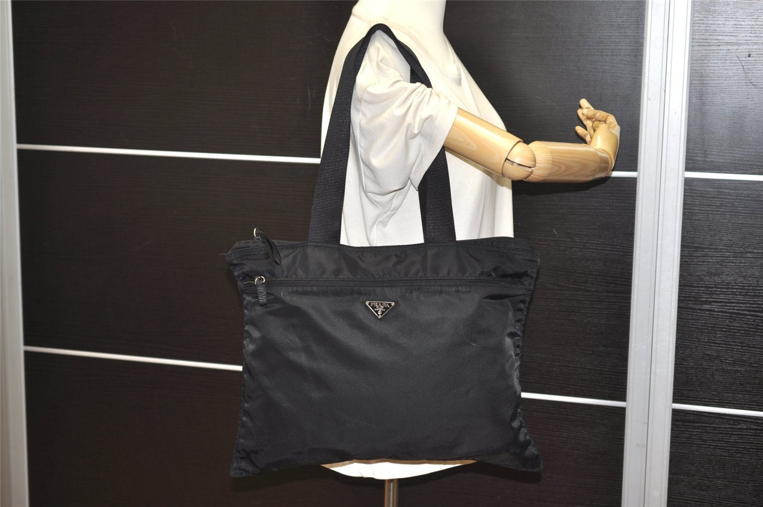 Authentic PRADA Vintage Nylon Tessuto Leather Shoulder Tote Bag Black 2926J
