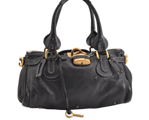 Authentic Chloe Vintage Paddington Leather Shoulder Hand Bag Black 2928M