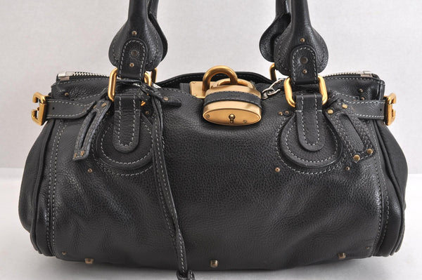 Authentic Chloe Vintage Paddington Leather Shoulder Hand Bag Black 2928M