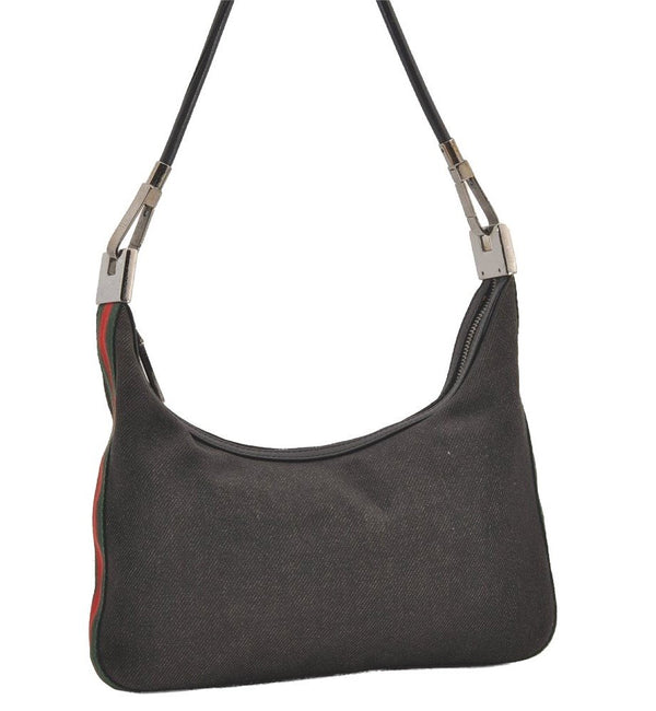 Authentic GUCCI Web Sherry Line Shoulder Bag Canvas Leather 01233 Black 2931J