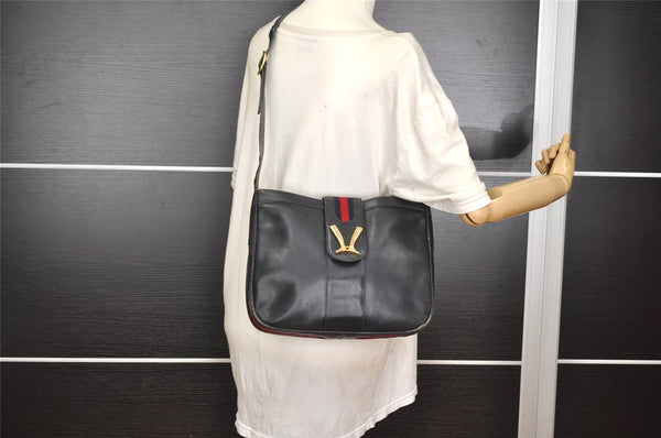 Authentic GUCCI Sherry Line Vintage Shoulder Bag Purse Leather Navy Blue 2932I