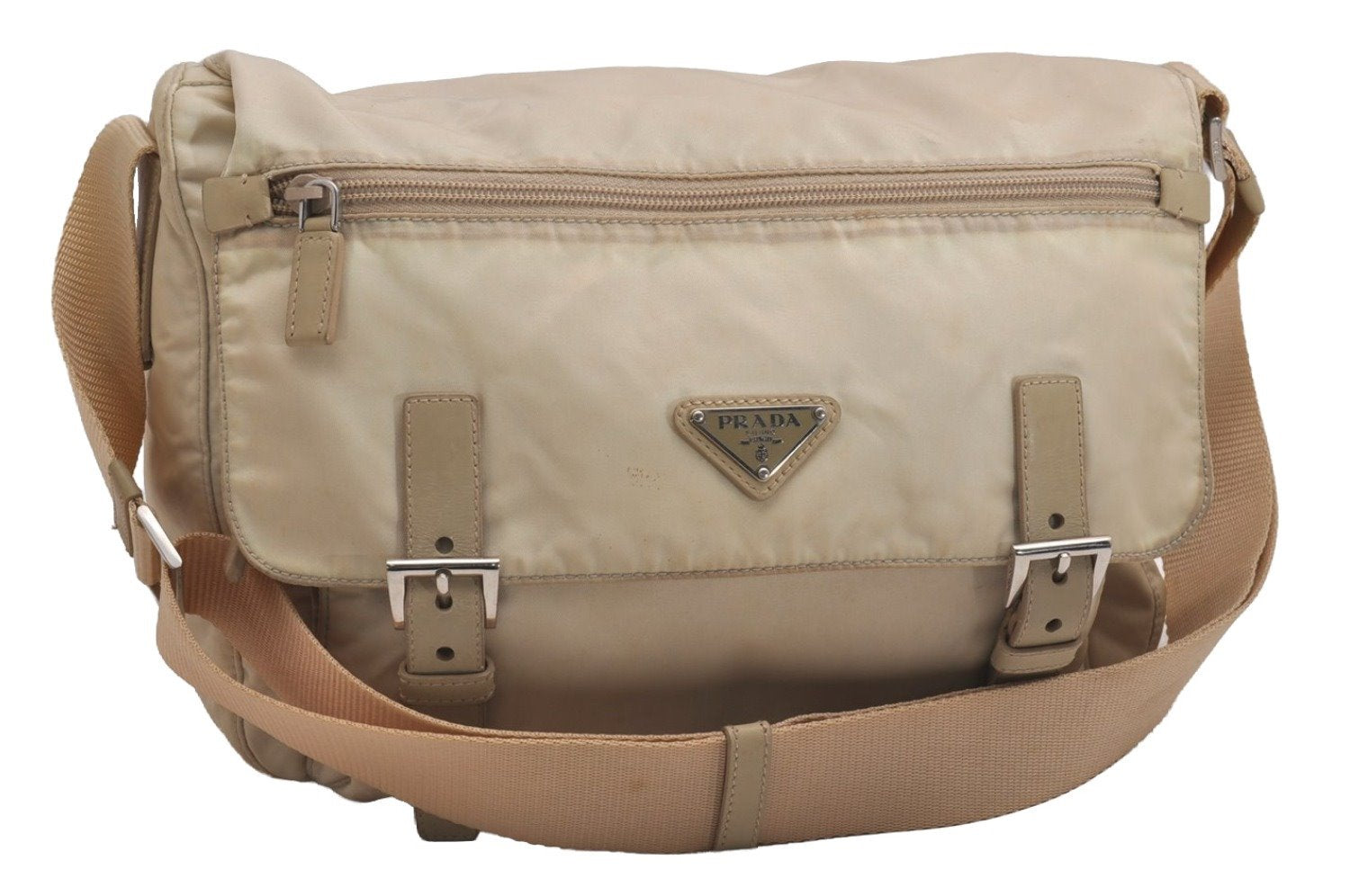 Authentic PRADA Nylon Tessuto Leather Shoulder Cross Body Bag Purse Beige 2933J