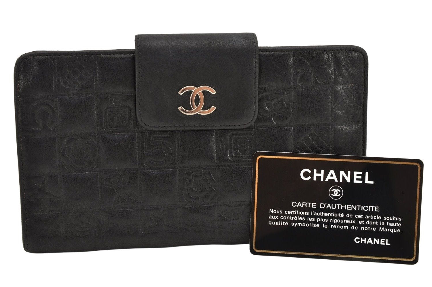 Authentic CHANEL Icon Line Calf Skin CC Bifold Long Wallet Purse Black 2934K