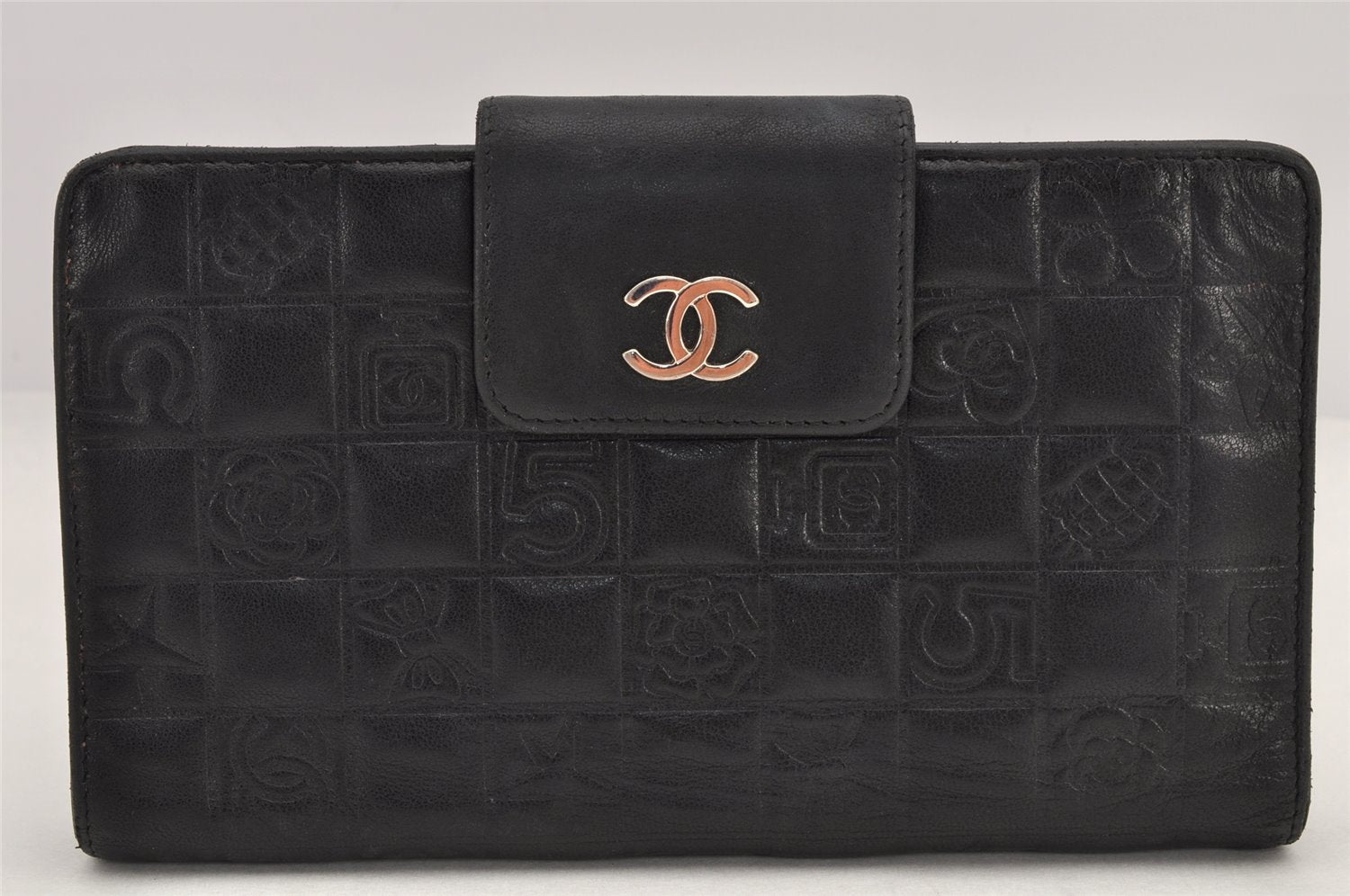 Authentic CHANEL Icon Line Calf Skin CC Bifold Long Wallet Purse Black 2934K